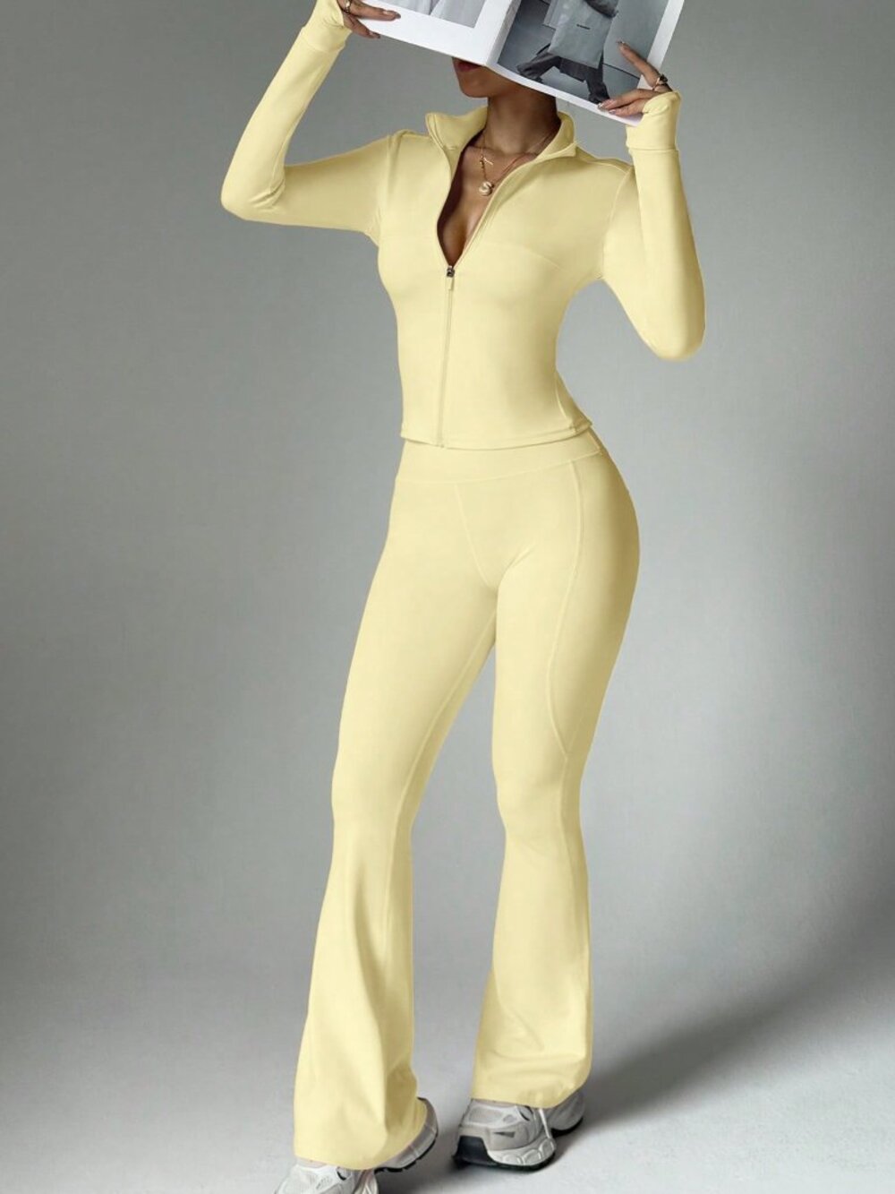 Yellow Slim Women's Zipper Fly Plain Stand Collar Athletic Set